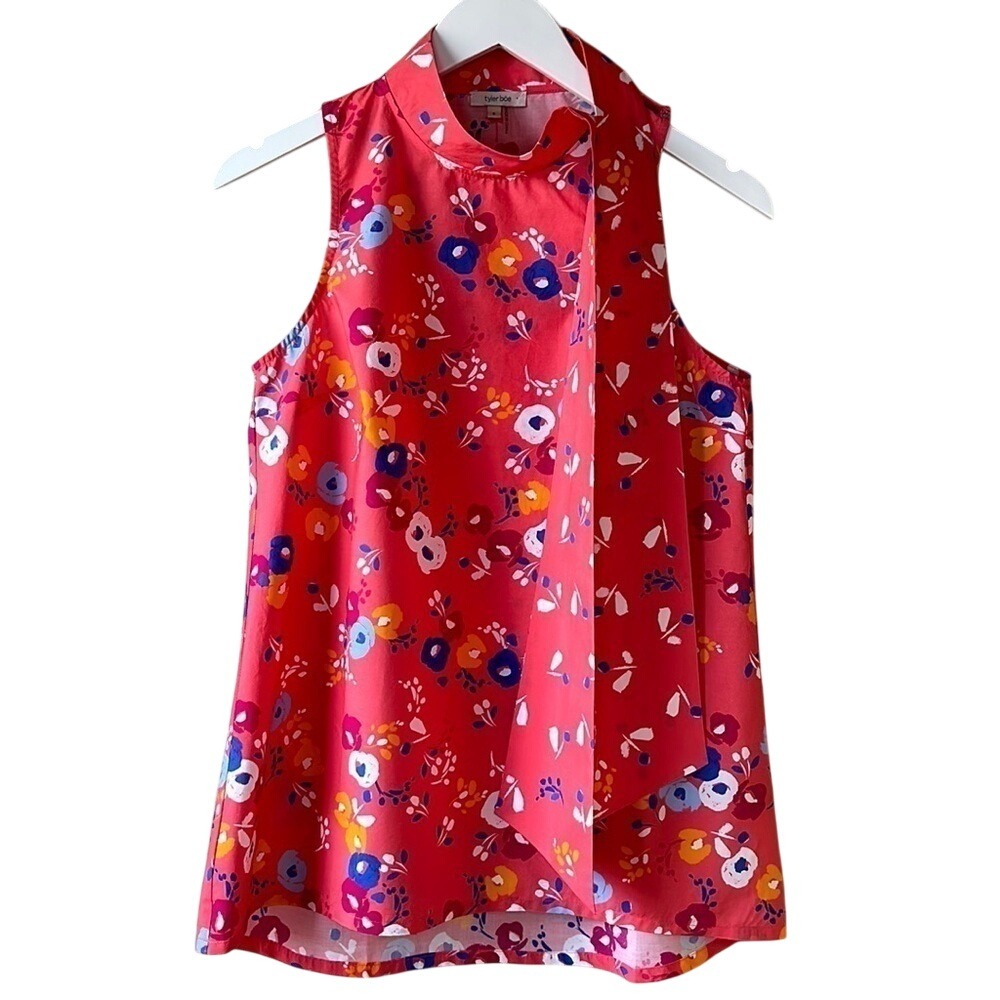 tyler boe 100% Cotton Sleeveless Neck Bow Detail Top Size Small Pink Floral